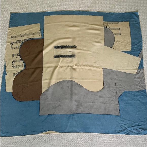 Pichio silk scarf music notes, piano, sheet music print blue brown and cream - Picture 2 of 5